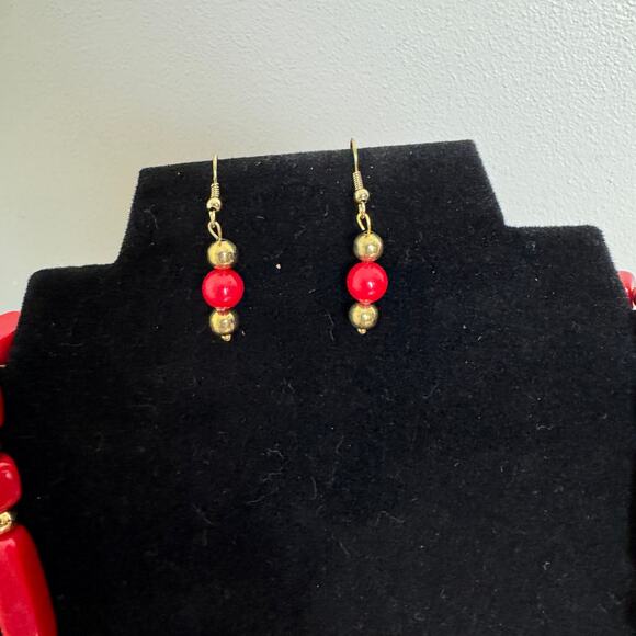 Artisan Made Red & Gold Bead statement necklace and dangle earring set - Picture 4 of 6